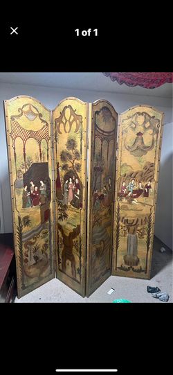 Vintage four-panel Chinoiserie painted screen on board.