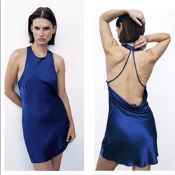 New/Tags Zara Blue Silk Low Back Slip Dress Bloggers Fave