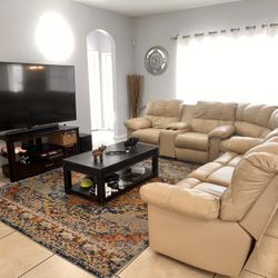 Sectional Sofa Full Leather Beige 3 Pieces 