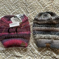 Set Of Two C.C. BeanieTail Cable Knit Messy High Bun Ponytail Beanie Get