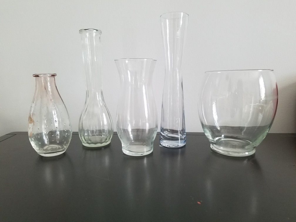 Lot of 5 Clear Glass Vases