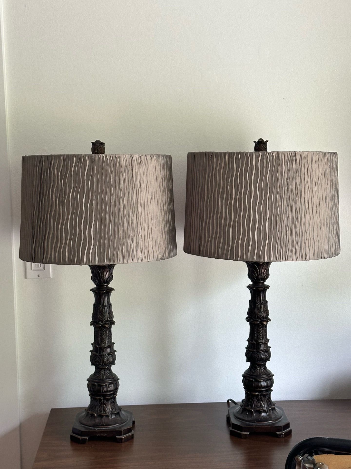 2 Lamps With Light Moss Green Lamp Shades