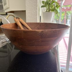 Crate And Barrel Giant Wood Bowl With Tongs