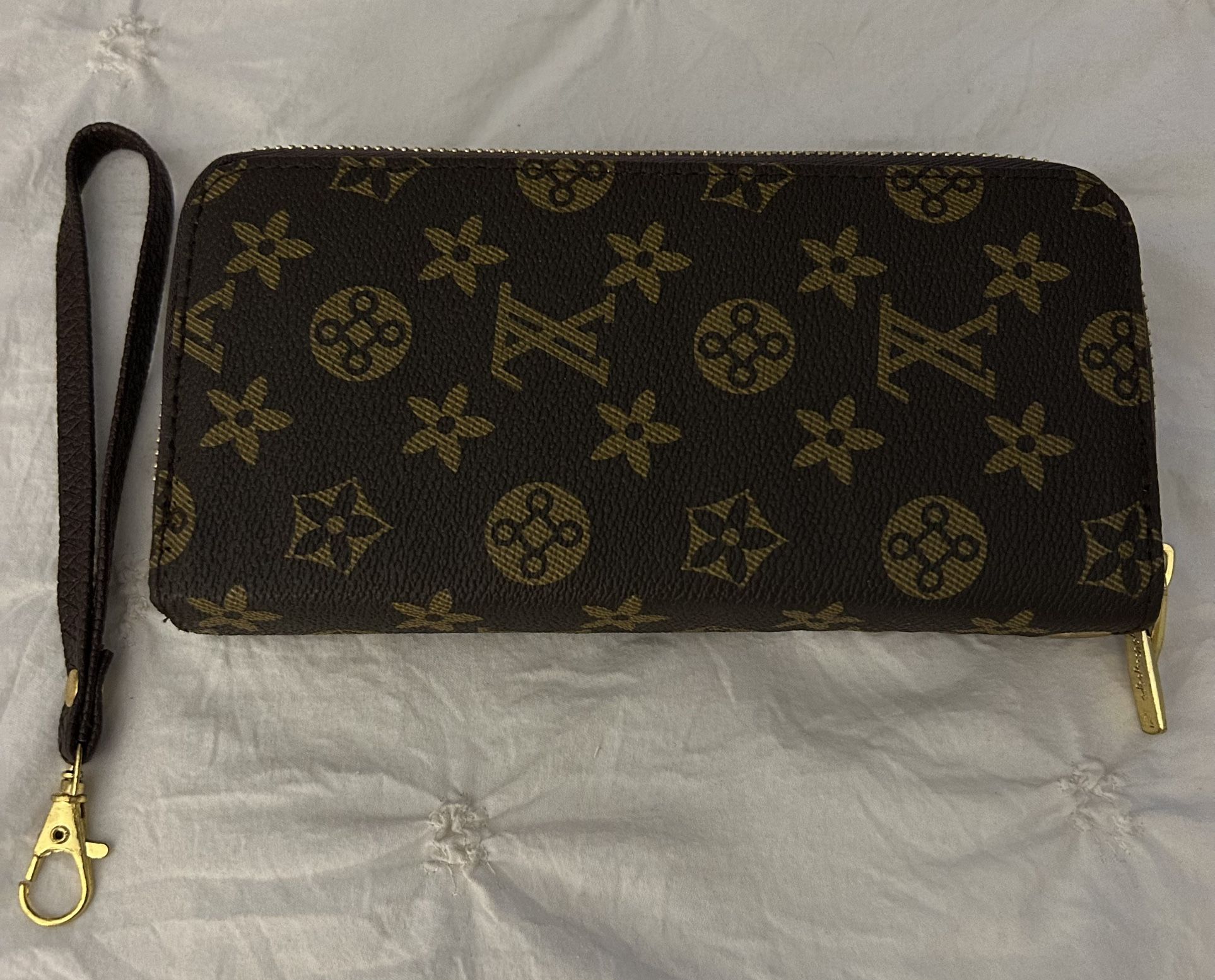 Brown Canvas Double Zipper Wallet With Strap