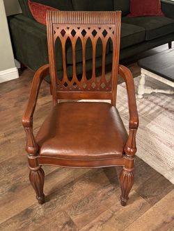 (4) Traditional Wood Armchairs with Leather Seat (set of 4)