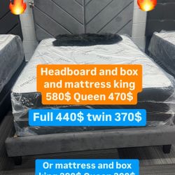 Huge sale for Mattress And Box Twin size mattress and box 150.$ full 190$ Queen 200$ king 290$. Mattress And Box and frame and headboard. King 580$ Qu