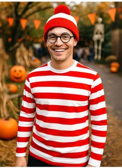 Halloween Costumes, Red and White Striped Shirt, Cosplay Costumes Adult, Halloween Shirt with Glasses Frame and Hat
