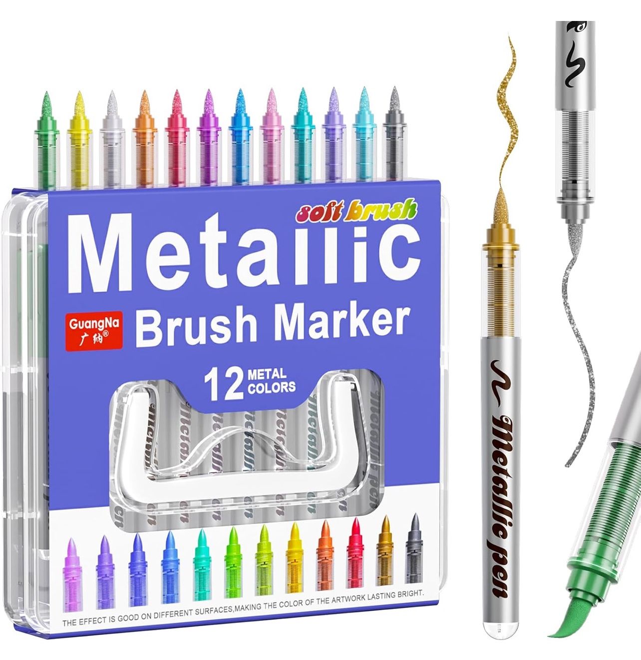 12 Colors Metallic Soft Brush Markers with Carrying Case, Metallic Acrylic Paint Markers, Non-Bleed Ink, Smooth Writing, Odorless, Quick-Drying, for R