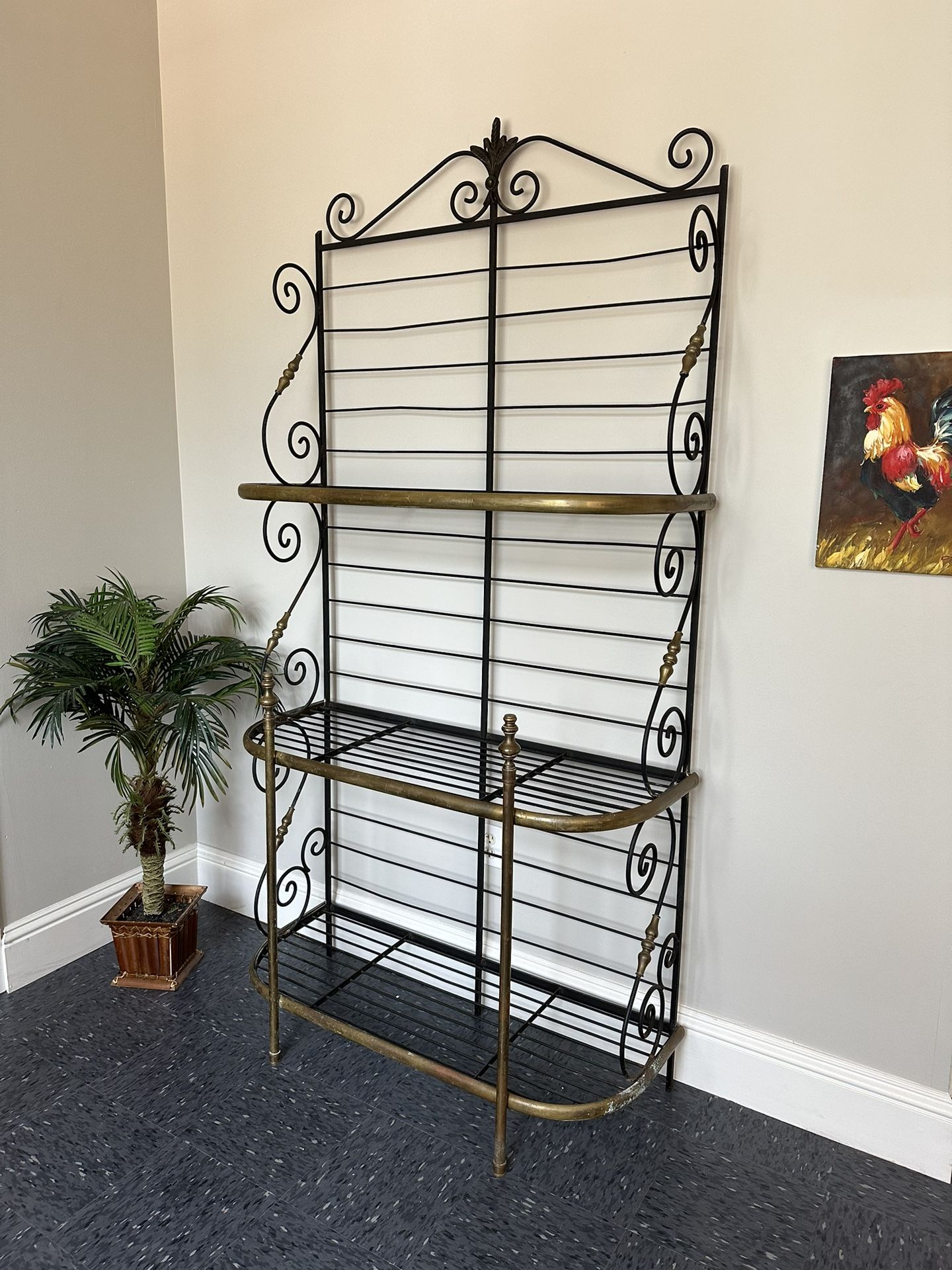 Antique Wrought Iron and Brass Bakers Rack