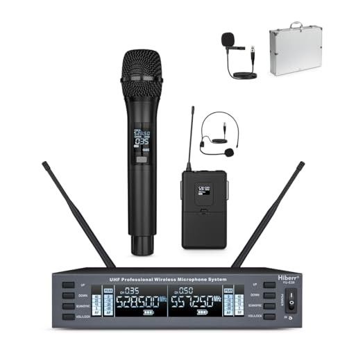 Hiberr Vocal Wireless Microphone, Dual Channel UHF Wireless Mic 2x60 Adjustable Frequencies, 300Ft Range, for Singing, Small Concerts, DJ Performances