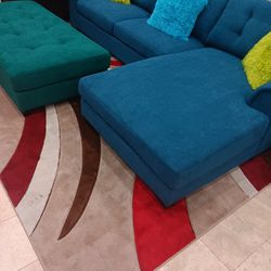 *Now Available*---Biscayne Vibrant Blue Fabric Sectional Sofa W/Ottoman---Delivery And Easy Financing Available 