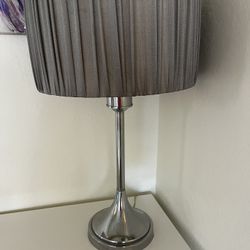 Tall Chrome Table Lamp With Gray Lampshade 