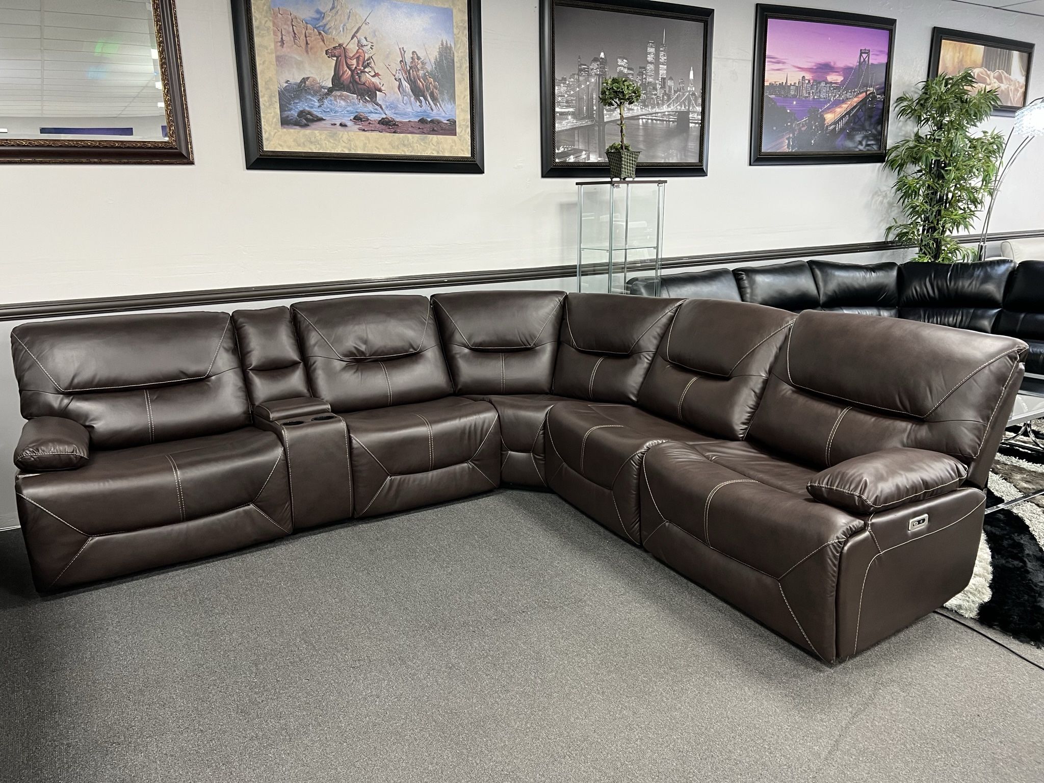 Brown Leather Sofa Sectional w/ Power Motion Recliners 