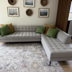 Modern Sofa/Chaise, Gray Performance Linen, With Black Metal Legs