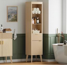 Tall Narrow Bathroom Storage Cabinet with Open Shelves