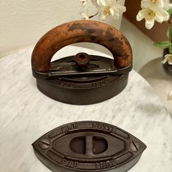 A Pair of Antique Cast Iron Mrs. Potts Sad Irons with Interchangeable Handle