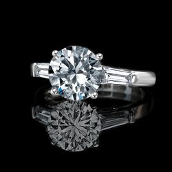 Classic style Round Center (side Baguettes) Ring Simulated Diamond - Diamond Veneer® Engagement Sterling Silver Ring, 635R600-3 CT. (9 mm)