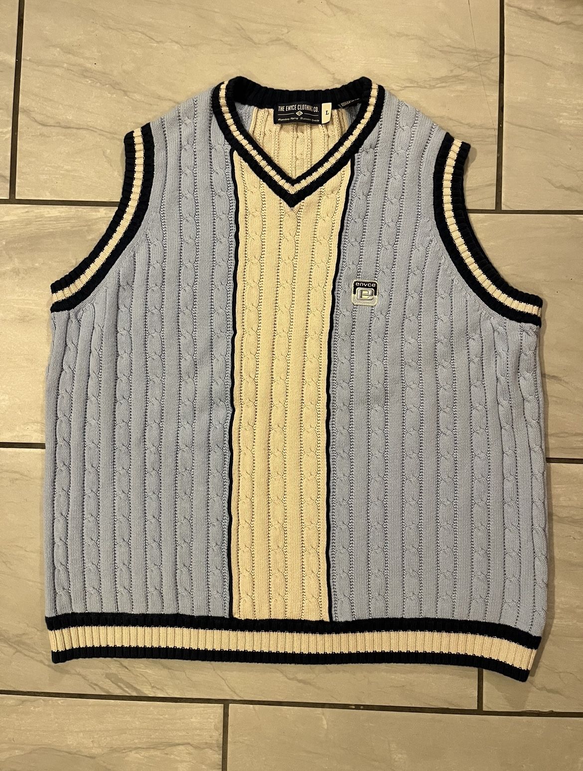 Vintage Enyce Knit Sweater Vest Size Large Sean Combs Striped Sky Blue Y2K
