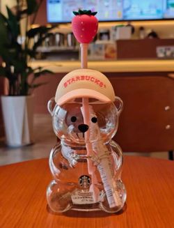 2026 New Starbucks Bearista Pink Bear Glass Tumbler Cold Cup Straw