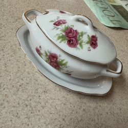 Vintage Royal Crown Gravy Boat with Attached Underplate and Lid, Floral Design and Gold Trim - antique