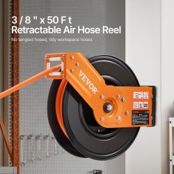 Retractable Air Hose Reel, 3/8IN x 50FT Rubber Air Hose Max 300PSI, Air Compressor Hose Reel Auto-Rewind with 5FT Lead in, Ceiling/Wall Mount Heavy Du