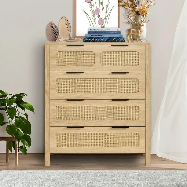 4-Compartment Rattan Chest, Authentic Rattan Wood Storage Unit with LED Illumination, Contemporary Wooden Apparel Sorter & Storage Bohemian Chest with