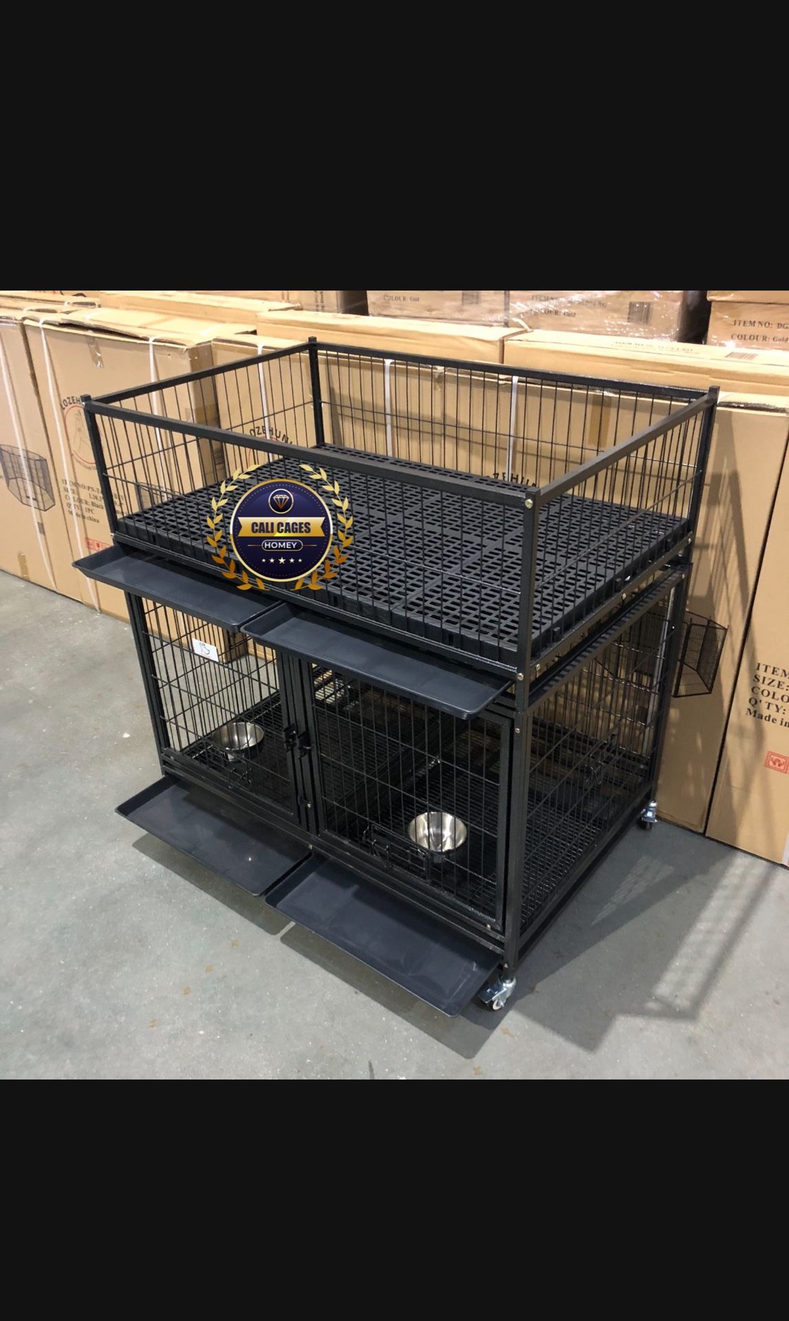 Dog Pet Cage Kennel Size 43” With Divider Trays, Feeding Bowls