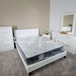 New Queen Bed Frame, Mattress, Dresser, Mirror, Chest And Nightstand 