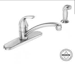 Moen Adler Single-Handle Low Arc Kitchen Faucet in Chrome with Side Sprayer and Tool Free Install
