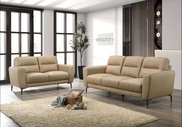 Brand New Taupe Top Grain Leather Modern Style Sofa & Loveseat