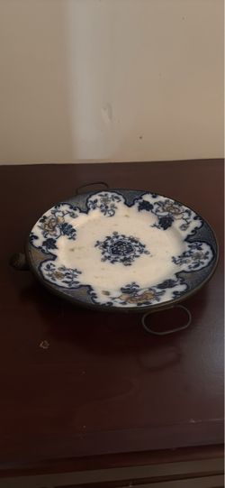 Antique Flow Blue Ironstone Hot Water Warming Plate with Cap
