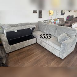 Smoke corduroy sectional pullout with storage 