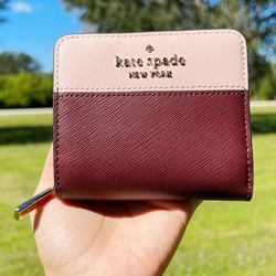 Kate Spade Staci Colorblock Printed Small Zip Around Wallet Burgundy Pink Multi