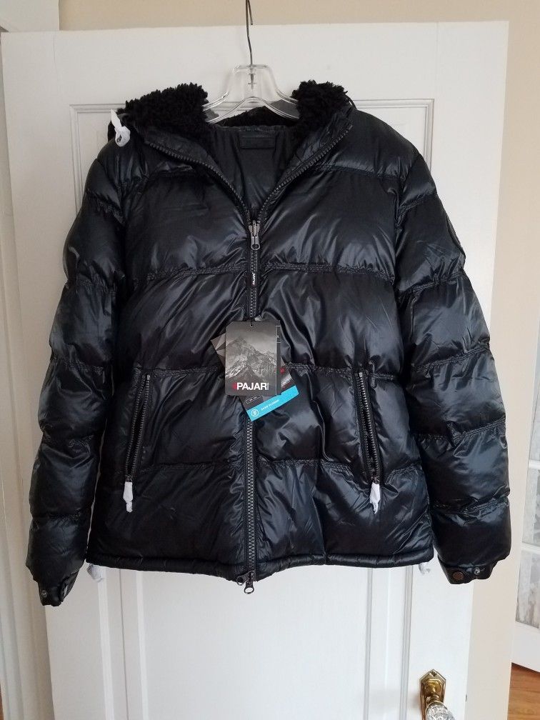 NWT PAJAR Black 'Snow' Puffer Hooded Coat Reversible To Sherpa Fur Women's Large