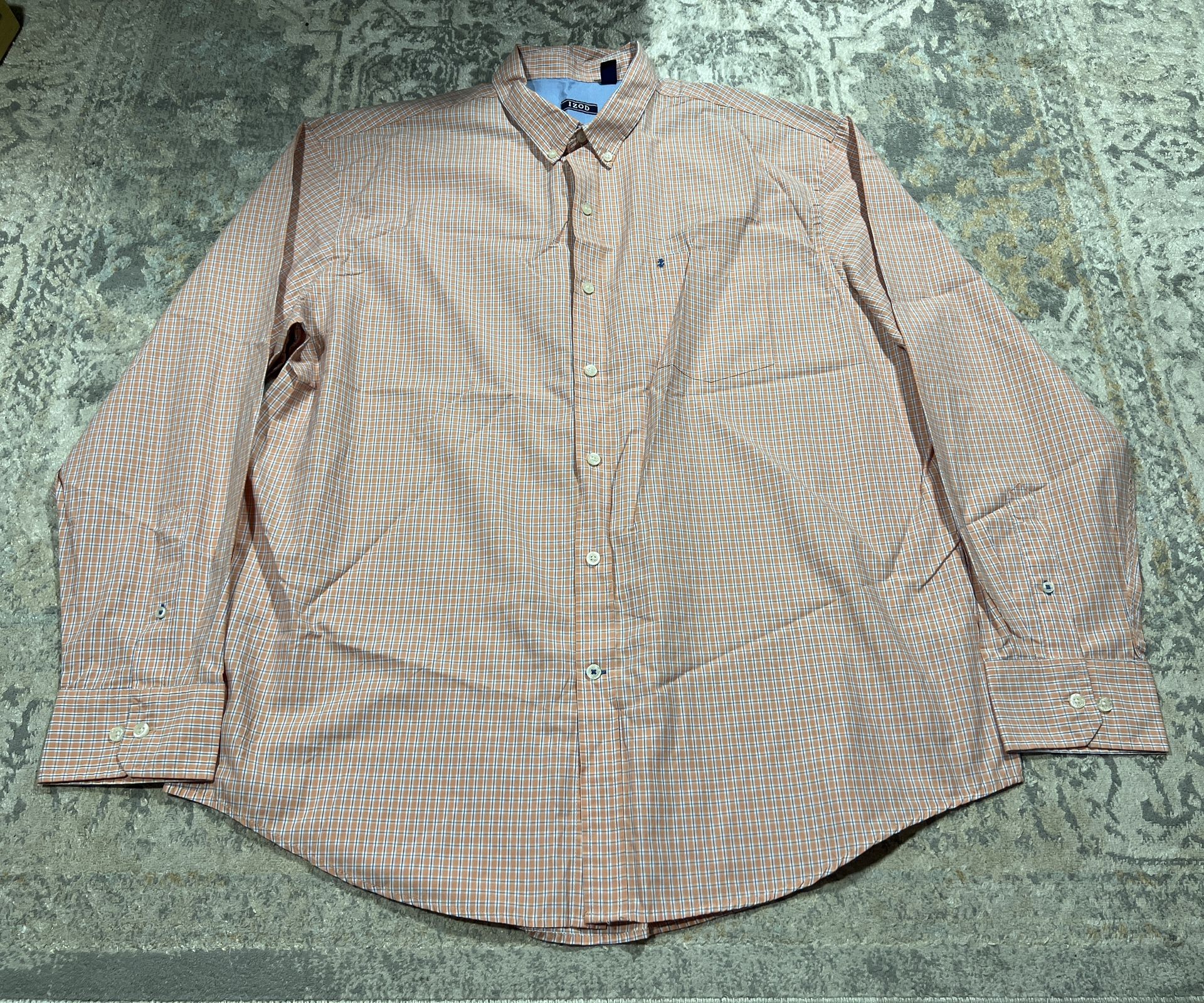 Izod Button-Up Shirt Men's Size XL Orange Blue White Plaid Long Sleeve