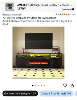 Black 70” wooden tv stand w LED lights and fireplace heater