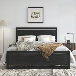 Full / Queen Size Metal Platform Bed Frame with Wooden Headboard, 12.4" Under-Bed Storage, Black
