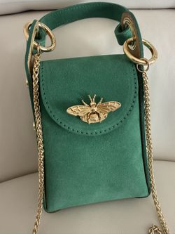 Persaman Made in Italy Green Leather Bee Crossbody Phone Bag