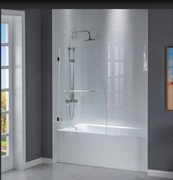 MTDB3458-B, Frameless Hinged Bathtub Shower, 5/16" Tempered Panel, 34" W × 58" H Tub Glass Door in Brushed Nickel Finish, Include Towel Bar