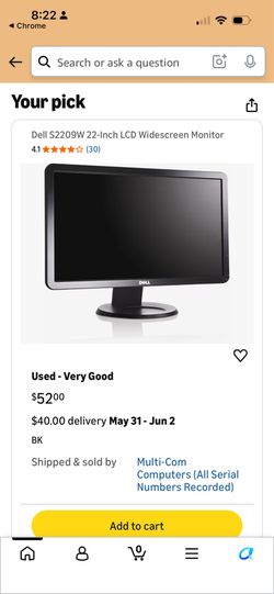 Dell S2209W 22” monitor - with vga to USBc cable