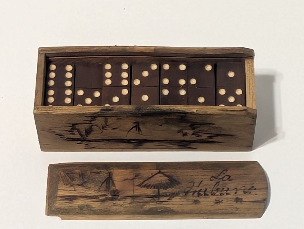 Vintage Hand-Carved La Habana Wooden Domino Set with Sliding Lid Box