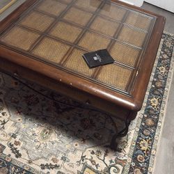 Wicker Table With Glass Table Top  