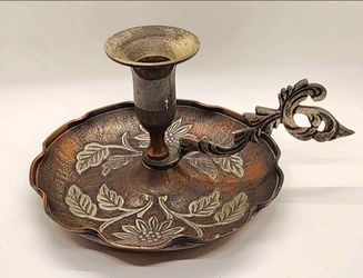 Vintage Style Metal Chamberstick Candlestick Holder with Handle Floral Design