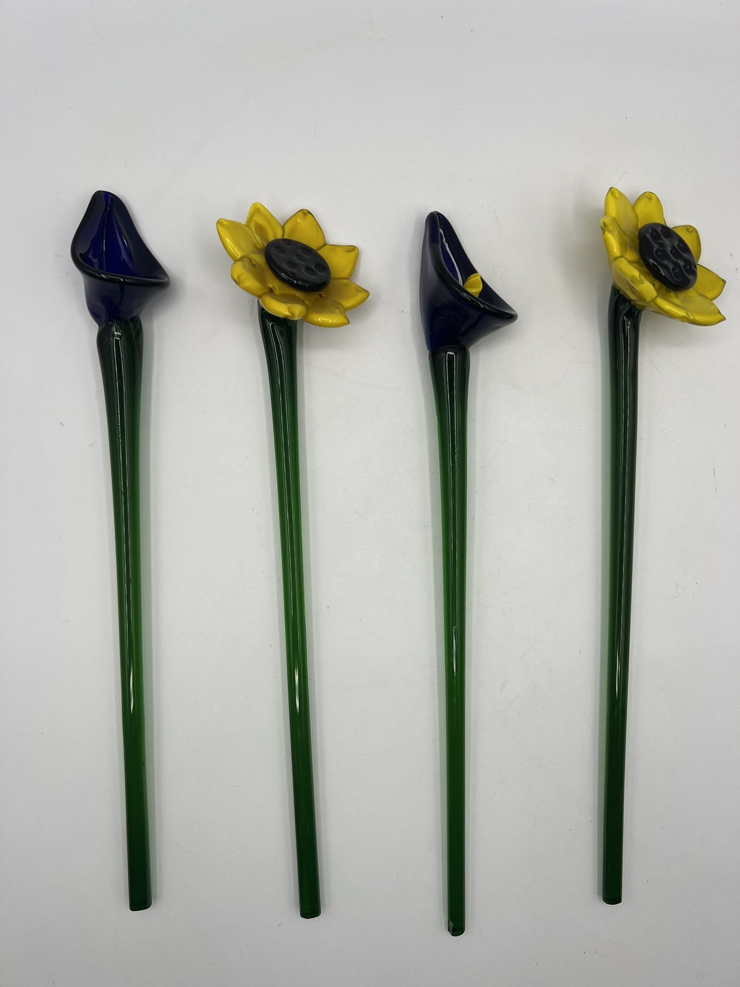 Lot of 4 Vintage 12” Hand Blown Glass Flowers 2 Sunflowers, 2 Cali Lilies