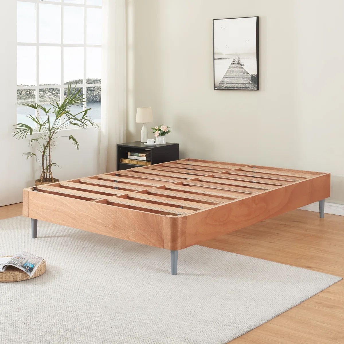 Aurora Wood Platform Bed With Removable Upholstered Cover, No Box Spring Needed, Tool Free Assembly, Noise Free