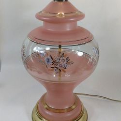 Large Table Lamp Frosted Pink Clear Glass Hand Painted