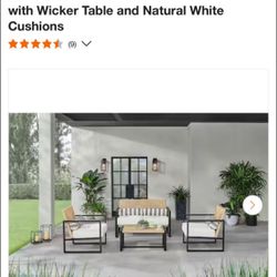 Home Decoration Sea Island Black 4-Piece Reinforced Aluminum Outdoor Conversation Set with Wicker Table and Natural White Cushions