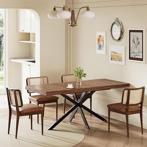 55''-70.9'' Extendable Dining Room Table, Wooden Rectangle Expandable Dining Table with Hidden Storage (Brown) Table only