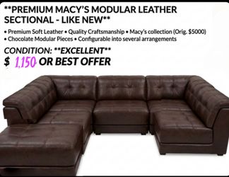 Like New Macy’s Modular Leather 6-Pc. Sectional – Flexible "Pit" Configuration