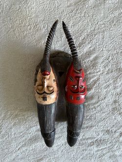 African Double Face Carved Wood Mask with Horns